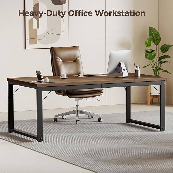 Mericonia 63 Inch Large Computer Desk with Power Outlets, 1.2" Thick Heavy Duty Industrial Office Desk, Modern Simple Study Writing Table for Home Office Bedroom Workstation, Walnut