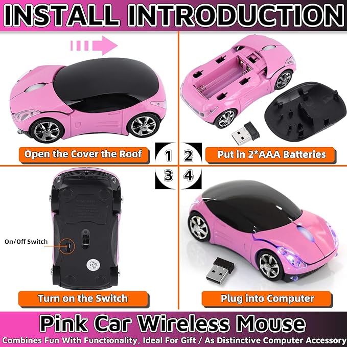 HuGuWdy Pink Wireless Car Mouse - 2.4G Wireless with USB Receiver, Optical Mouse for PC, Laptop, Tablet - Win XP/Vista/7/ME/2000/Mac OS Pink Mouse for Her for Christmas