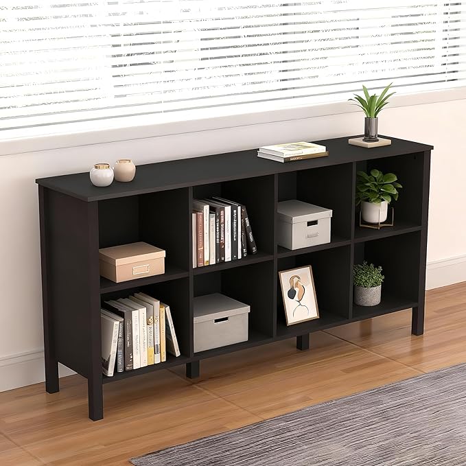 8-Cube Bookcase, Farmhouse Wooden Bookshelf Low Storage Organizer, 59" Horizontal Black Console with Legs, Hallway Book Case for Entryway, Display Cabinet for Living Room (Black, 8-Cube)