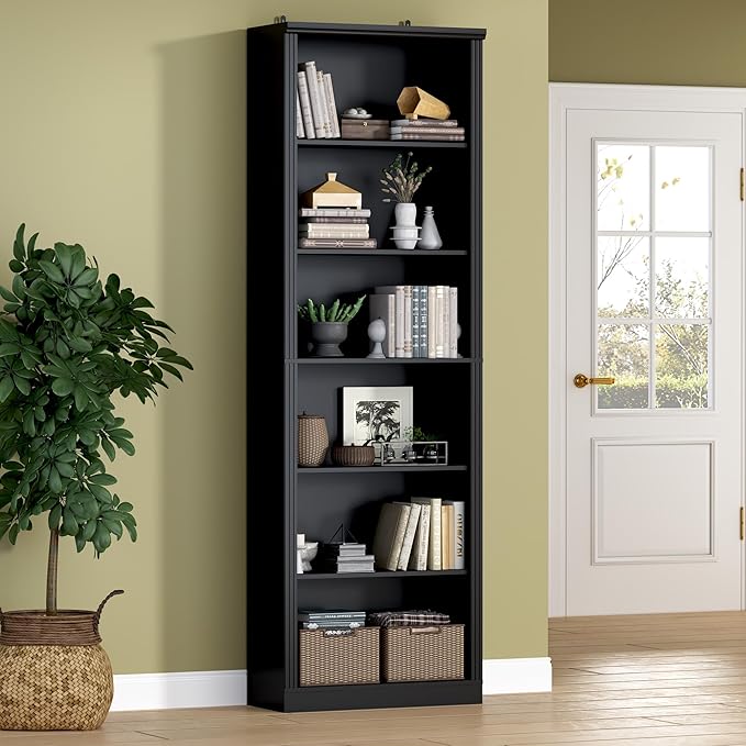 BORNOON 75" Tall Bookshelf, 6-Tier Floor Standing Bookcase with 2 Adjustable Shelves, 24" Wide Open Storage Shelf, Modern Display Organizer for Home Office, Living Room, Bedroom, Study