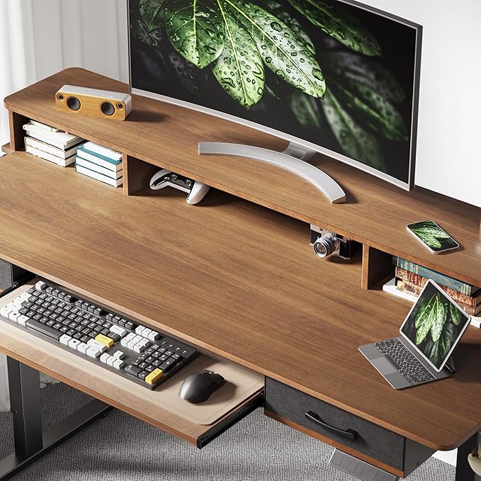 WALKINGDESK 55 Inches Electric Standing Desk with Keyboard Tray, Height Adjustable Sit to Stand Table with 2 Drawers, Ergonomic Home Office Desk with Storage Shelf, Computer Table, Black Walnut