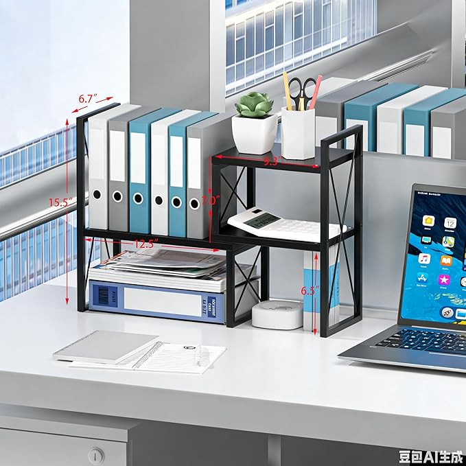 Desktop Shelf Organizer, Small Bookshelf for Office, Wood Shelves, Office Organization and Storage (Black)
