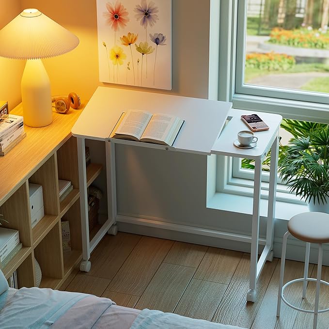 GreenForest Folding Desk with Wheels, 31.5 Inch Adjustable Tilt Drafting Table, Portable Rolling Foldable Desk for Small Space, Home Office, Drawing & Craft Workstation, White