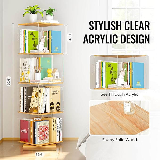 TAKEKIT Rotating Bookshelf, 360 Degree Revolving Bookcase, 4-Tier Spinning Bookshelf, Clear Acrylic & Solid Wood Rotating Bookcase for Kid’s Playroom, Bedroom and Living Room, Square