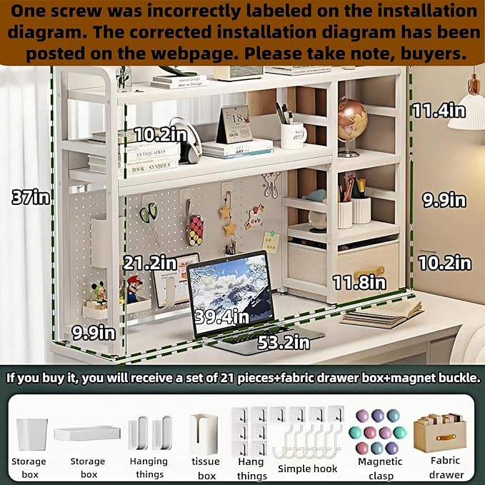 Desktop Bookshelf, pegboard Storage and Organization Rack, Dorm Desk Shelf, Desk Hutch, Desktop Storage for Office, Study, Student Display Rack,Desktop Shelves (White 53.2" Lx9.9 Wx37 H)