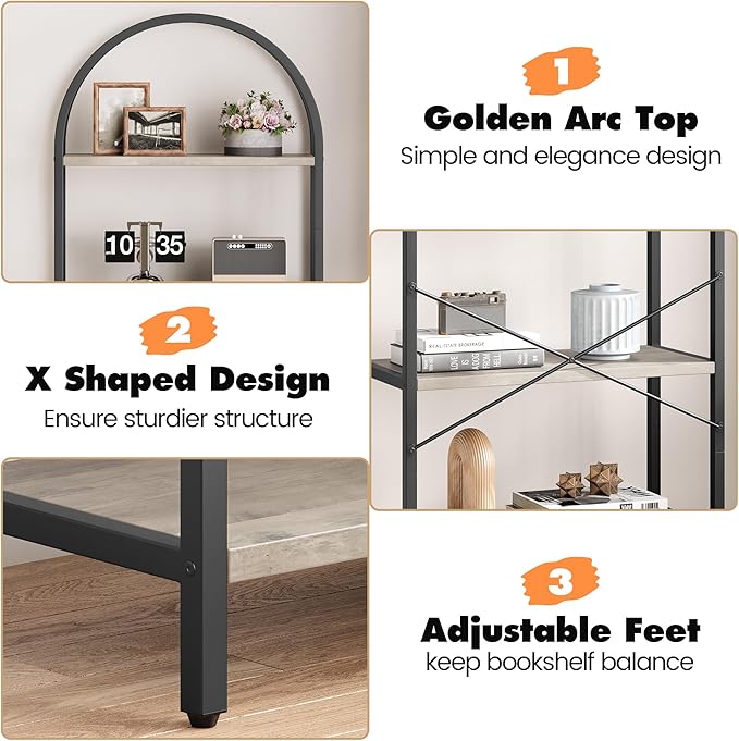 IDEALHOUSE Bookshelf 5 Tier Bookcase Arched Display Racks Tall Standing Bookshelves Metal Frame Modern Storage Rack Shelf Large Wood Book Shelf for Bedroom, Living Room, Home Office (Grey)