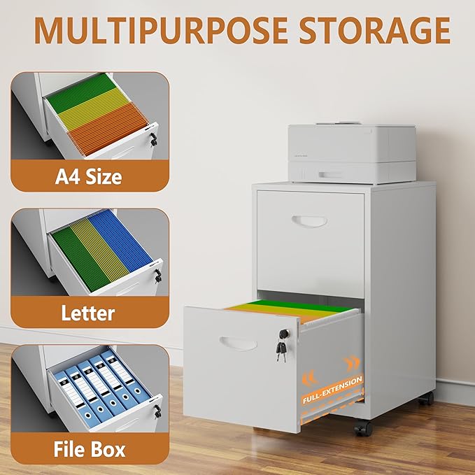 Polup 2 Drawer Rolling File Cabinet on Wheels, Mobile Two Drawer Filing Cabinet with Lock, Small Files Cabinets for Under Desk, Metal Filing Cabinets for Letter Size Folders, White - Assembly Required
