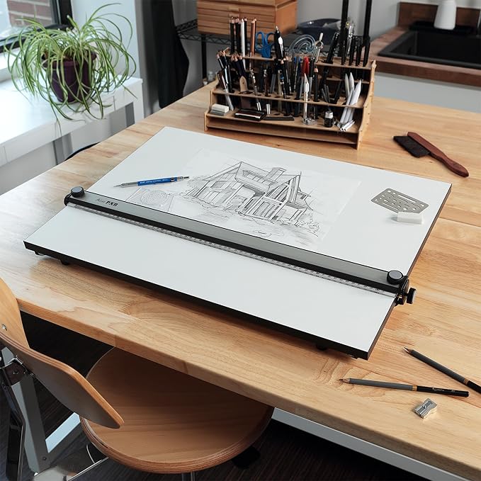 Acurit PXB 16” x 21” Drawing Board for Artists and Designers - Portable Workspace for Drawing, Sketching, Drafting, Painting - Fixed Angled Laminated Surface with Ruler and Parallel Motion Bar