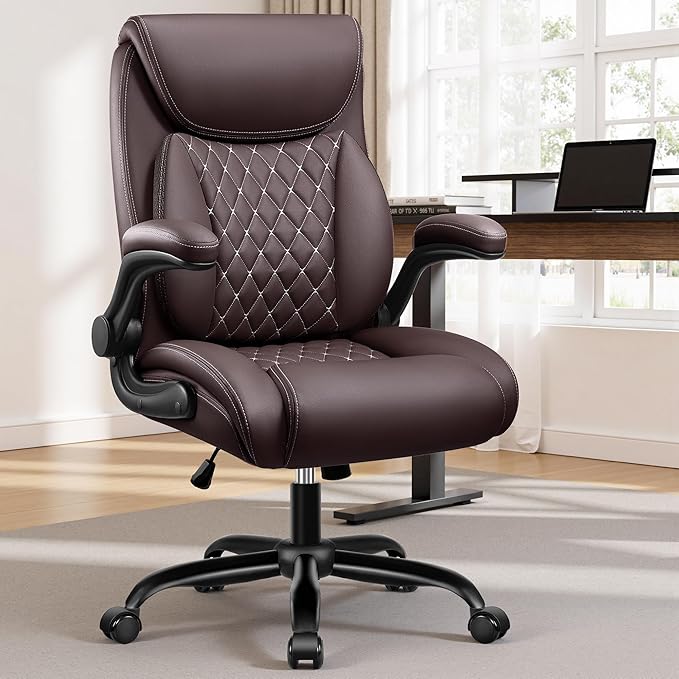BESTFAIR Office Chair, Ergonomic Computer Desk Chairs with Lumbar Support for Lower Back Pain Relief, Executive Leather Home Chair Comfy with Padded Flip-up Armrests, Coffee, 4-Pack