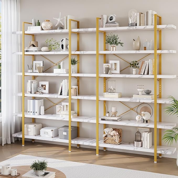 OtterOasis Heavy Duty 6-Tier Industrial Bookcase, 47" Wide Wood Bookshelf for Home Office, 120lbs Shelf Capacity, Open Shelving Display with Reinforced Horizontal Shelf for Living Room Bedroom, White