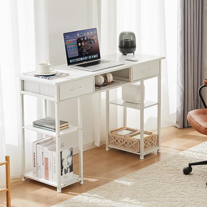 Sweetcrispy Desk with 3 Fabric Drawers, Computer Office 48 Inch Gaming Writing Study 4 Storage Shelves Table for Home Office Bedroom PC Desk, White