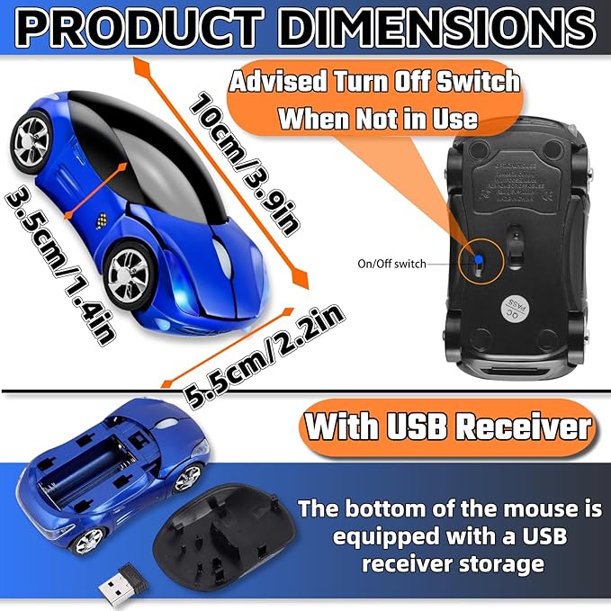HuGuWdy Blue Cute Wireless Mouse，2.4G with USB Reciver 1600DPI Car Mouse for Computer Laptop Tablet for Windows for Mac OS for Christmas（Blue）