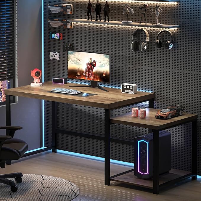 FOLUBAN 63 Inch Large Computer Desk with Printer Space & PC Tower Stand, Modern Wood Home Office Desk Workstation with Storage Shelves, Writing Study Gaming Table, Rustic Oak