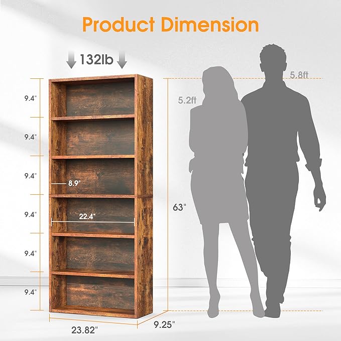 Sweetcrispy Industrial 6 Shelf Bookcase - Large 63 Inch Tall Floor Standing Open Bookshelf with Anti-Tipping Device for Home Office, Living Room, and Bedroom Storage, Rustic Brown