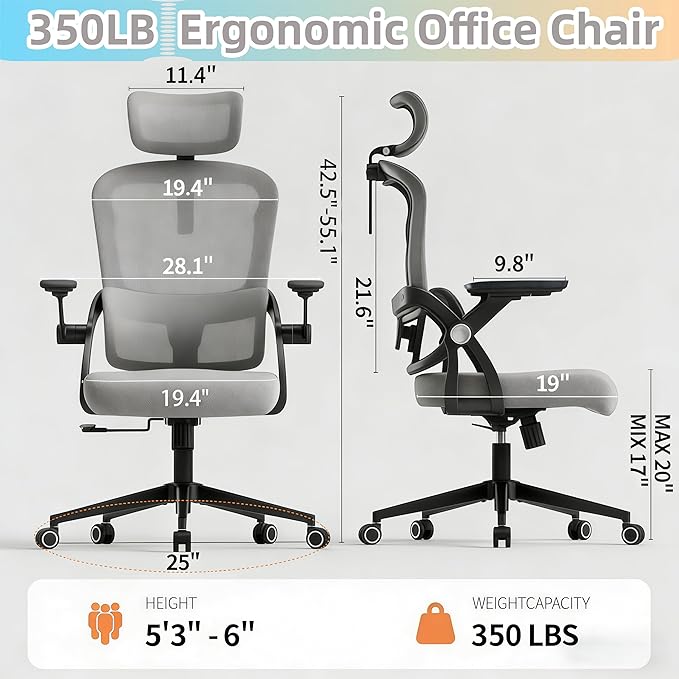Ergonomic Office Chair - 350LB Comfy Desk Chairs with Adjustable Headrest and Lumbar Back Support, Mesh Computer Chairs with Wheels and Arms for Home Office, Study
