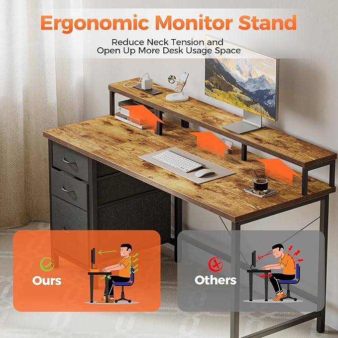 Mericonia Computer Desk 55 inch with Power Outlets & LED Lights, Gaming Desk with 3 Drawers for Home Office, Small Desk with Monitor Stand for Small Spaces, Study Writing Desk