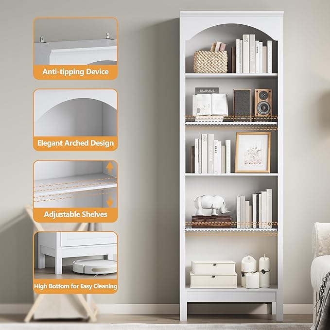 Arched Set of 2 Bookshelf with 5 Tier Open Shelves, 71" Tall Wood Bookcase with Adjustable Shelves, 24" Wide Floor Standing Display Storage Shelf for Home Office, Kitchen,Living Room, Modern White
