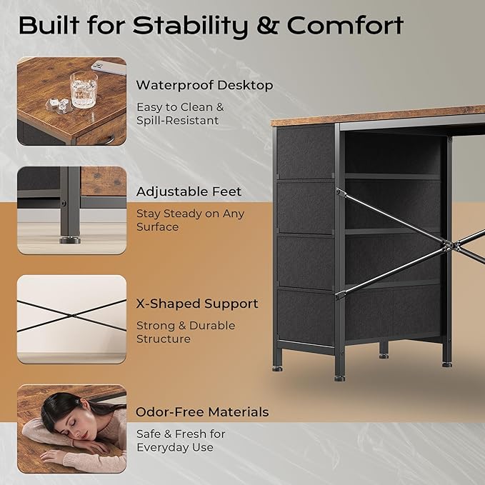 Huuger 63 Inch L Shaped Desk with Fabric Drawers, Computer Office Desk with Power Outlets and USB-C Port, Corner Desk with Storage Shelves, for Gaming Work Study Home Office, Reversible, Rustic Brown