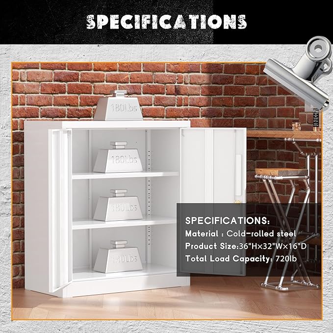 Greenvelly Metal Cabinet, 36" Locking Storage File Cabinet with Doors and Shelves for Office,Home,Gym,School,Kitchen(White)