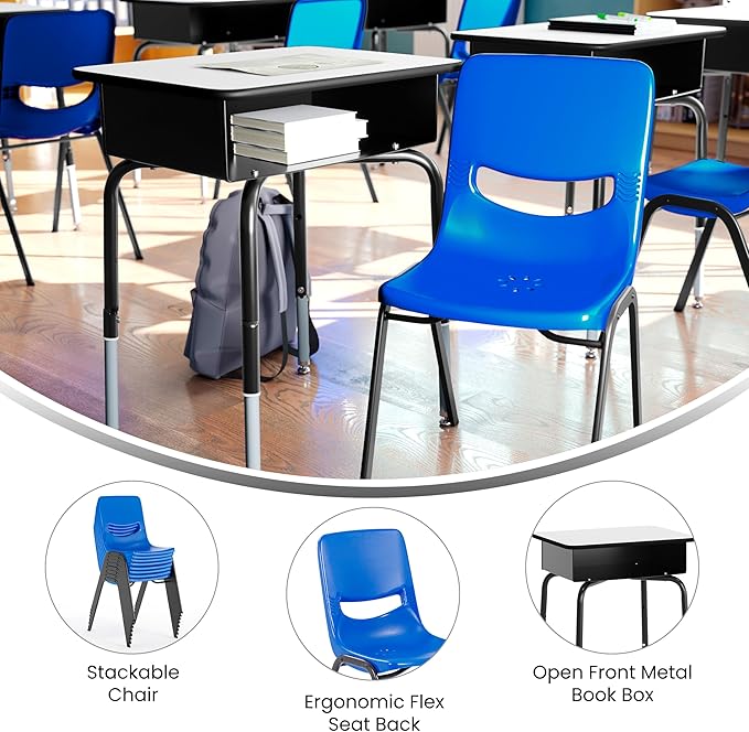 EMMA + OLIVER Jacobs Desk/Stackable Ergonomic Chair Set, Flex Comfort Seat Back, Adjusting Desk Legs, Metal Open Front Storage Box, Gray Desktop/Navy Chair