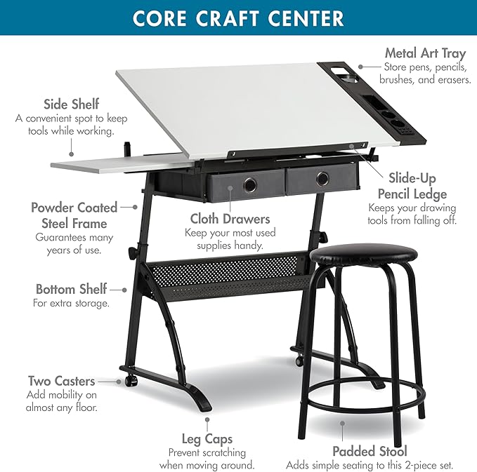 SD Studio Designs Core 2 Pc Craft Center - 35.5" W Angle Adjustable Drafting Table with Cloth Drawers, Side Shelf and Stool