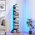 TUTOTAK Narrow Bookshelf, 8-Tier Bookcase with LED Lights, Spine Book Shelf for Small Space, Corner Standing Shelf for Living Room, Office, Study, Entryway, Rustic Brown BS06BB008L