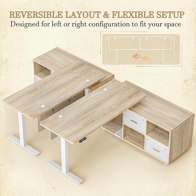 TIQLAB 61.4" x 47.2" L Shaped Executive Desk with Shelves & File Cabinet Sets, One Whole Piece Home Office Furniture with Drawers for Hanging File, Maple