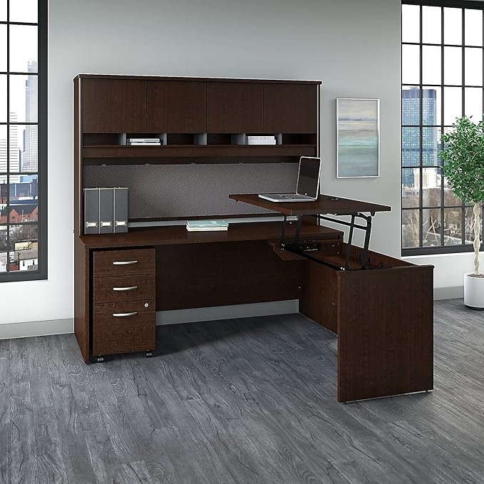 Bush Business Furniture Series C 72W x 30D 3 Position Sit to Stand L Shaped Desk with Hutch and Mobile File Cabinet in Mocha Cherry
