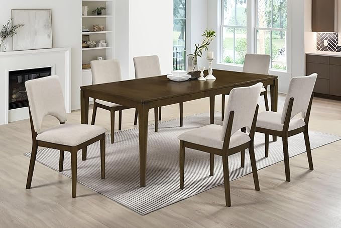 GOWE Contemporary 7pc Extendable Dining Set Table and 6X Upholstered Chairs Light Beige Self Storing Leaf Wooden Furniture Modern Contemporary Rectangle Tabletop Self-Storing Leaf