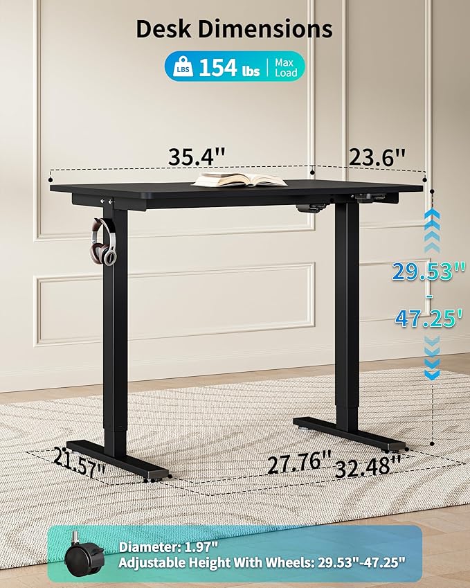 BIZUM 35.4" Small Electric Standing Desk Height Adjustable, Whole Piece Stand Up Computer Desk Work Study Writing Gaming Desks for Home Office Black