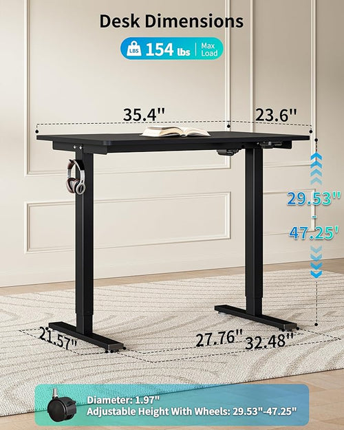BIZUM 35.4" Small Electric Standing Desk Height Adjustable, Whole Piece Stand Up Computer Desk Work Study Writing Gaming Desks for Home Office Black