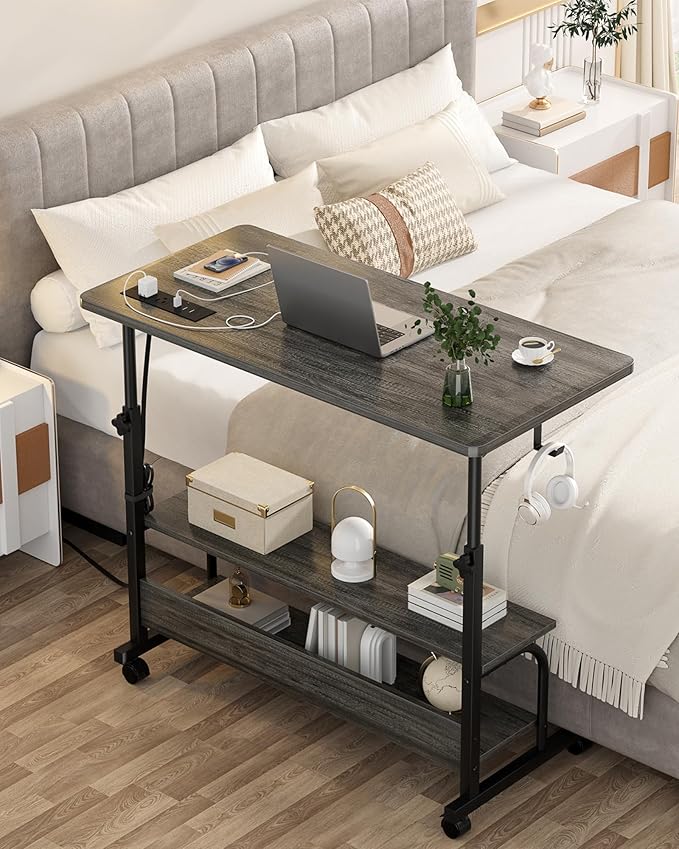 Armocity Rolling Standing Desk with Power Outlets, 32" Manual Height Adjustable Mobile Computer Desk with Wheels, Small Portable Sit Stand Laptop Couch Table for Bed & Sofa Home Office, Grey Oak