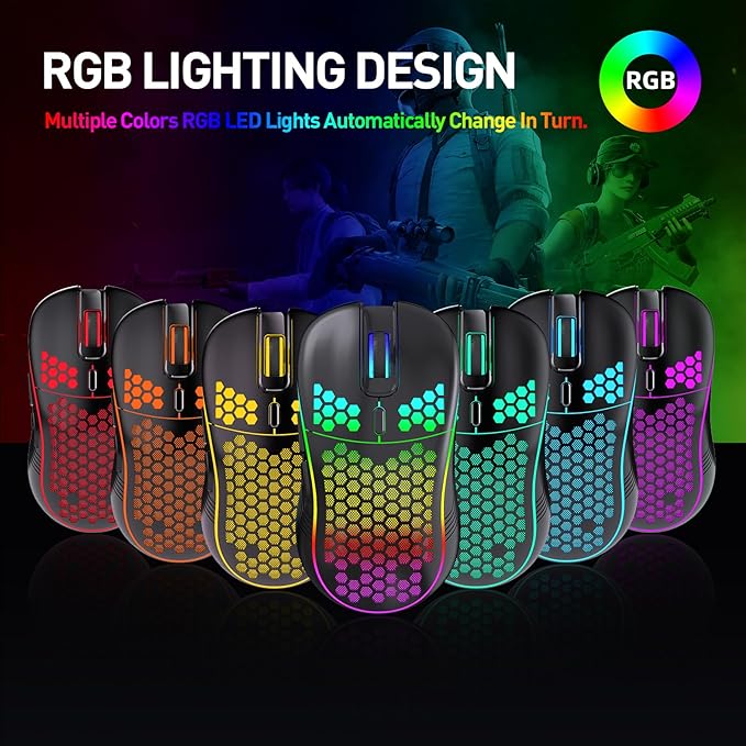 Wireless Gaming Mouse, Rechargeable Computer Mouse Ergonomic Mice Honeycomb Design with RGB Backlight, USB Receiver, 7 Buttons, Adjustable DPI, Wireless Mouse for PC/Mac/Laptop