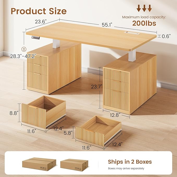 SEDETA Electric Standing Desk with 6 Drawers, 55" Adjustable Stand up Desk with Storage, Fluted Computer Desks with Power Outlets for Home Office, Oak