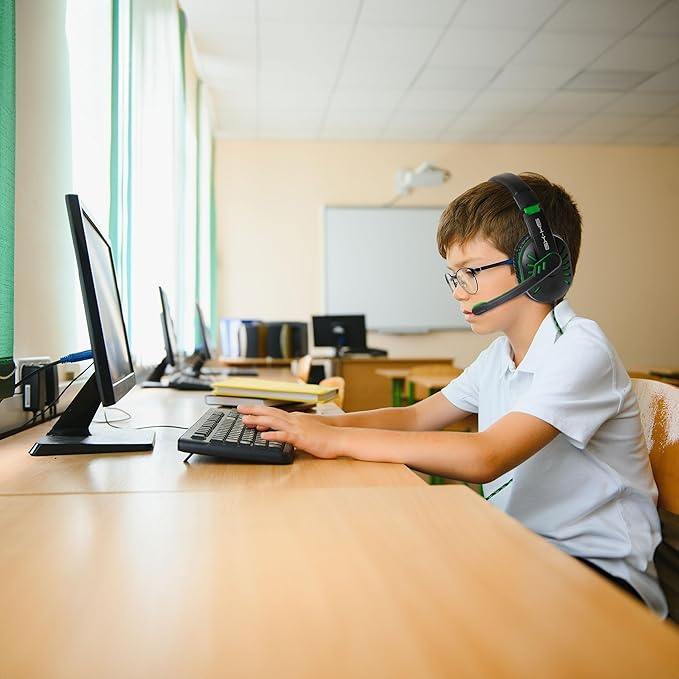 ENHANCE GX-H5 School Headset with Microphone — Perfect for Remote Learning, Study Sessions, and in-Class Listening — Volume Control, USB + 3.5mm, Comfortable Over-Ear Noise-Isolating Design (Green)