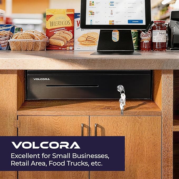 Volcora Manual Push Open Cash Register Drawer with Under Counter Mounting Metal Bracket - 16" Black Front Touch Panel Cash Drawer for POS, Partial Removable 5 Bill 8 Coin Tray, Key-Lock