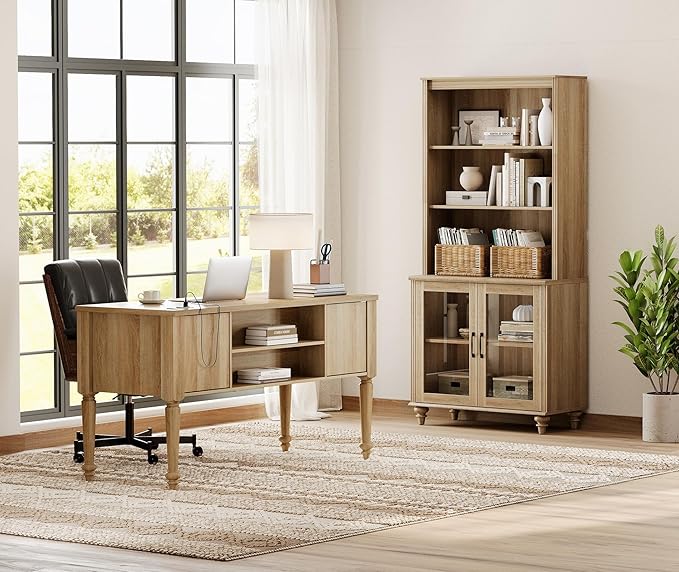 WAMPAT Home Office Furniture Set, 56'' Executive Desk with Charging Station, 72" Tall Bookcase with 2 Glass Doors, Wood Computer Desk with File Cabinet Storage, Open Shelf, Oak