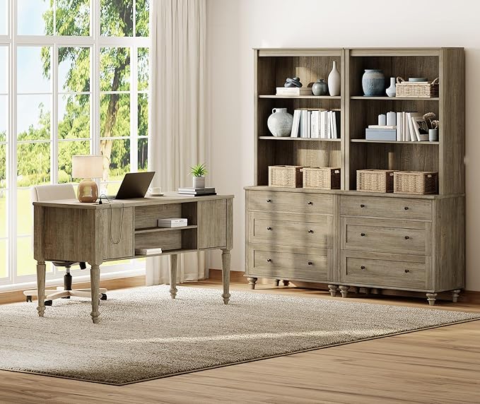 WAMPAT Home Office Furniture Set, 56'' Executive Desk with Charging Station, 72" Tall Bookcase with 6 Drawers, Wood Computer Desk with File Cabinet Storage, Open Shelf, Wash Grey
