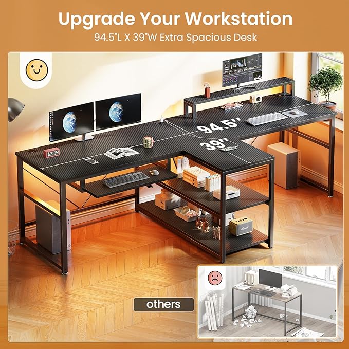 SEDETA 94.5" Gaming Computer Desk, 2 Person Office Desk with Storage, LED Lights, Power Strip, Long Desks with Keyboard Tray & Monitor Stand for Home Office, Carbon Fiber Black