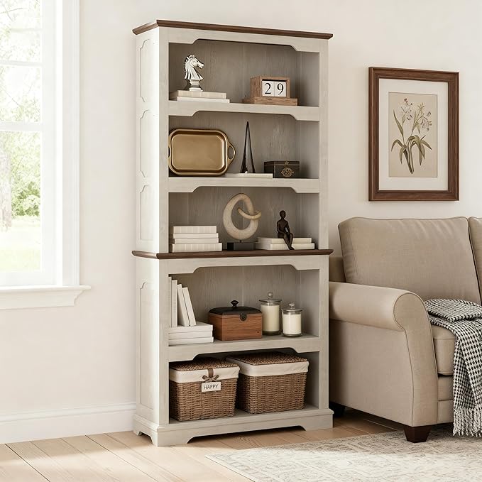70 Inches Farmhouse Bookcase Bookshelf, Two-Tone Shelves, 5 Tier Bookshelf with Arched Trim, Home Office Living Room Storage Cabinet Unit, 31.5x11.8 Inches (Distressed White & Walnut, Open Shelf)