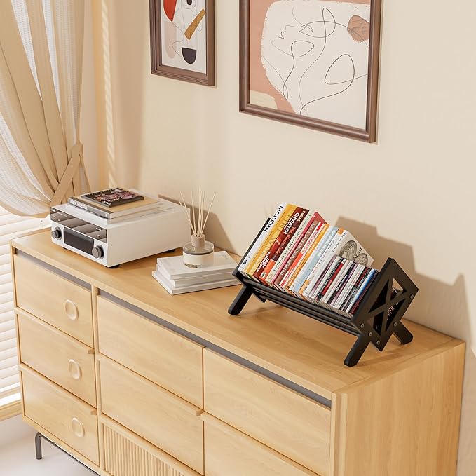 Desktop Bookshelf Organizer, Wood Office Tabletop Book Storage Rack, Tilting Bookcase for Books/CDs/Magazine Display (Pure Black)