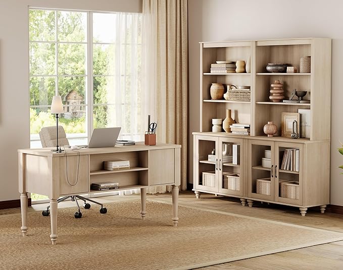 WAMPAT Home Office Furniture Set, 56'' Executive Desk with Charging Station, 72" Tall Bookcase with 4 Glass Doors, Wood Computer Desk with File Cabinet Storage, Open Shelf, Light Oak