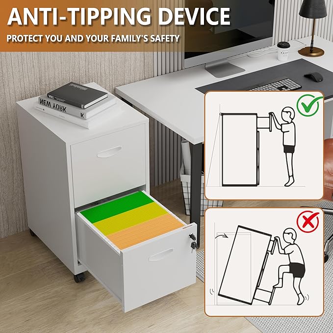 Polup 2 Drawer Rolling File Cabinet on Wheels, Mobile Two Drawer Filing Cabinet with Lock, Small Files Cabinets for Under Desk, Metal Filing Cabinets for Letter Size Folders, White - Assembly Required