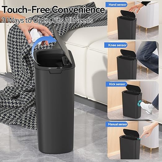 FRESHLIX 5 Gallon Bathroom Automatic Trash Can with Lid, Motion Sensor Touchless Trash Bin,Smart Electric Slim Waterproof Garbage Bin for Toilet, Office, Kitchen, Bedroom, Living Room (Black)