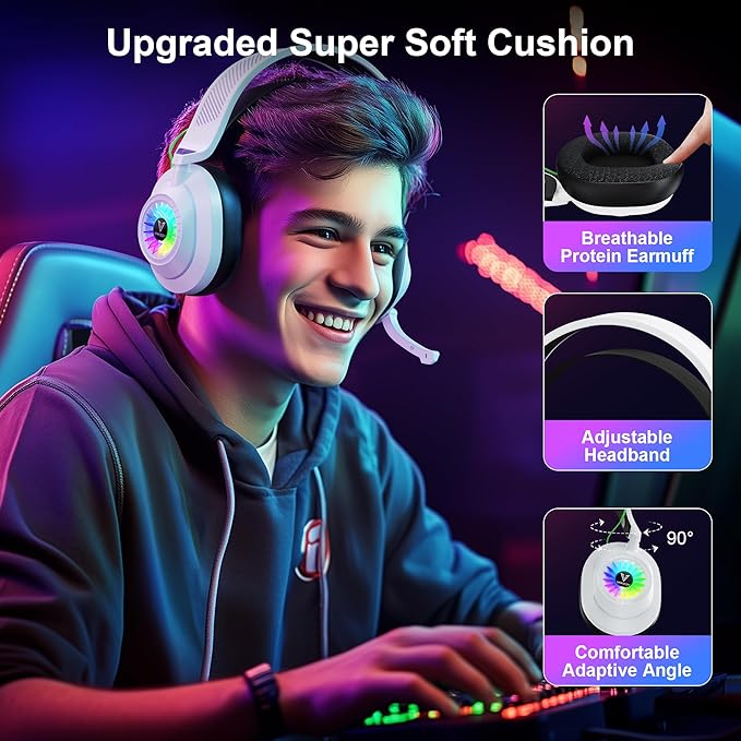 Vakedy HW10 Wireless Gaming Headset for PS5, PS4, PC, Switch, Mac, 2.4GHz Wireless Gaming Headphone with Flip Noise Canceling Mic, 50H Battery, 50mm Drivers, RGB Lights (White/Black)