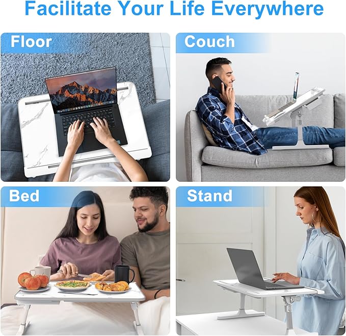 HETTHI Laptop Bed Desk, Adjustable Laptop Lap Desk with Drawer, X-Large Foldable Bed Table Tray for Bed Couch Floor Desk Writing Working Reading Eating Painting (Marble, 23.6"×15.7")