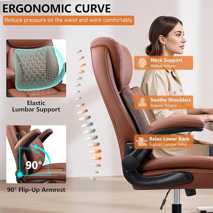 BESTFAIR Office Chair, Ergonomic Computer Desk Chairs with Lumbar Support for Lower Back Pain Relief, Executive Leather Home Chair Comfy with Padded Flip-up Armrests, Brown, 2-Pack