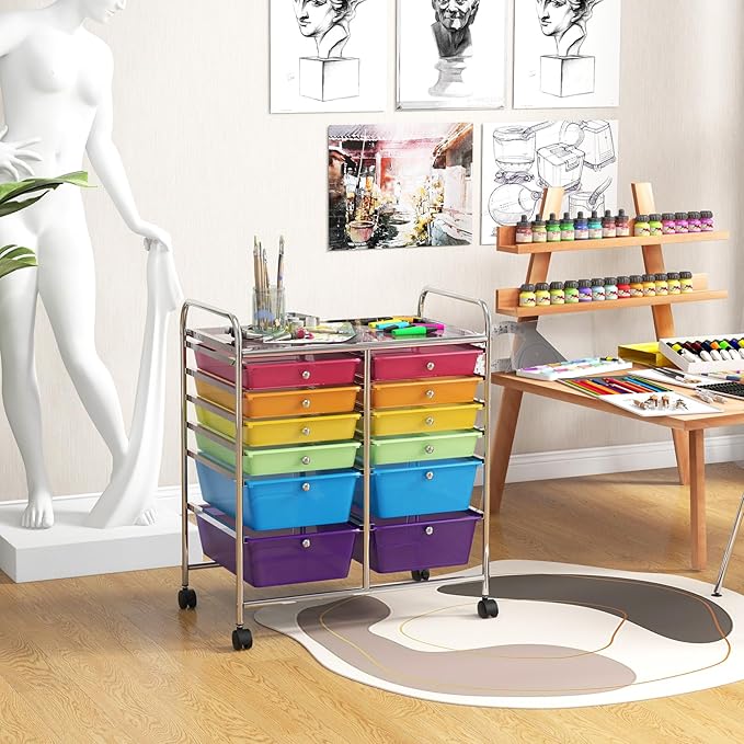 Moccha 12-Drawer Rolling Storage Cart - Utility Cart on Wheels with Lockable Casters for Craft Art Supply Paper Salon, Mobile Drawer Carts for Classroom Teacher School Office (Rainbow)