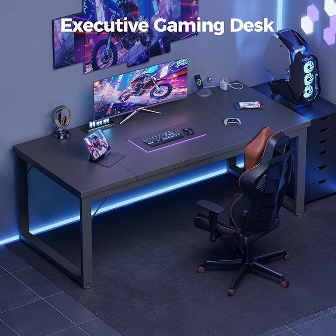 Mericonia 63 Inch Large Computer Desk with Power Outlets, 1.2" Thick Heavy Duty Industrial Office Desk, Modern Simple Study Writing Table for Home Office Bedroom Workstation, Black