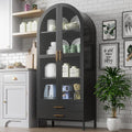 Metal Arched Pantry Cabinet with 2 Drawers and Glass Doors,Black Arched Bookcase with 2 Adjustable Shelf for Kitchen Home Office,Installation Required,Black